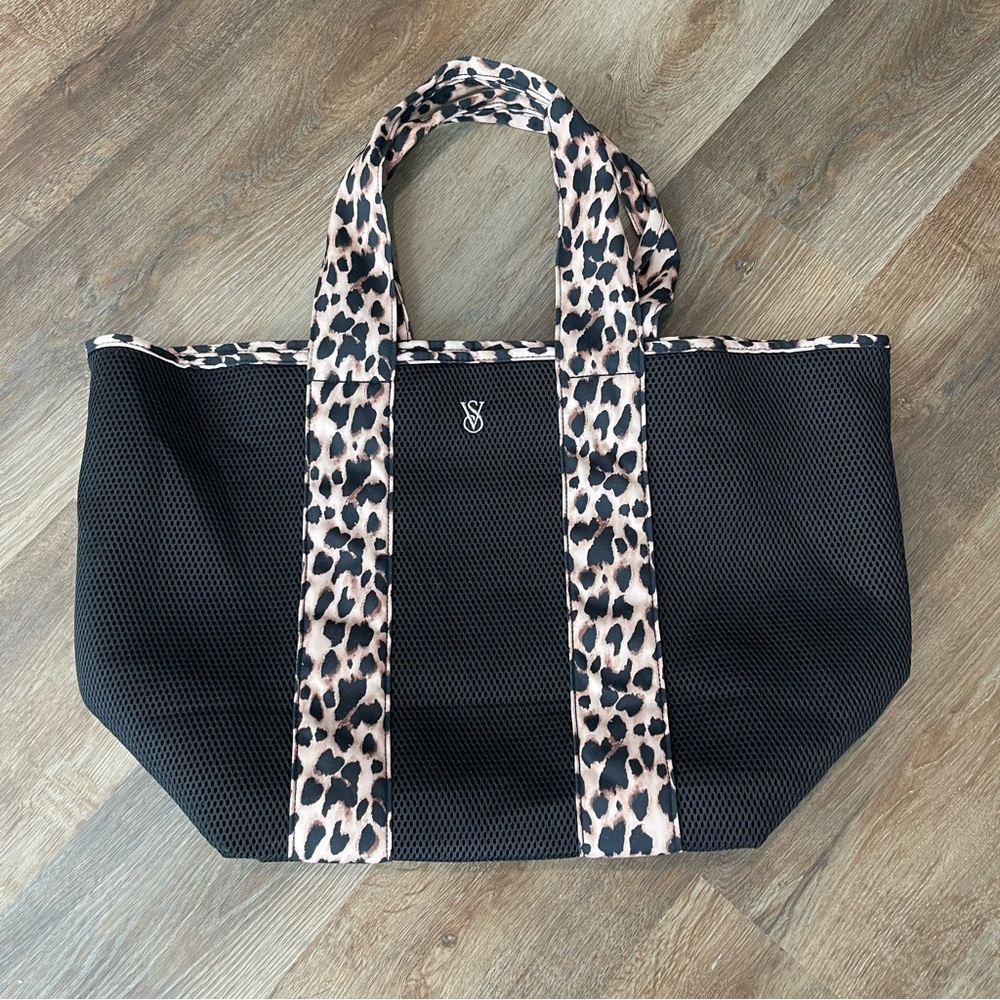 Victoria's Secret Black Mesh Beach Tote with Leopard Straps